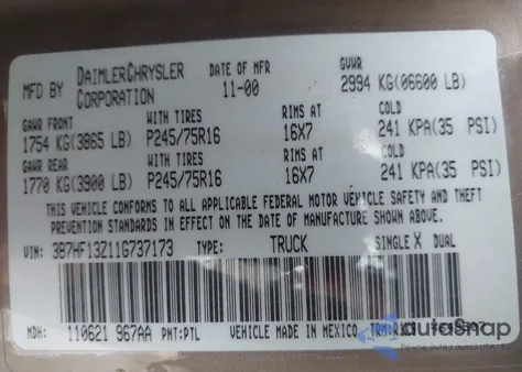 2001 Dodge Ram 1500 St из США, поврежденный, VIN 3B7HF13Z11G737173